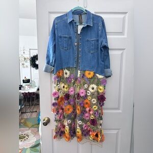 Aratta duster,denim top, floral sheer bottom
